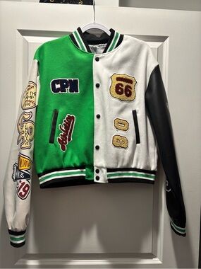 Green & White Patchwork Varsity Jacket